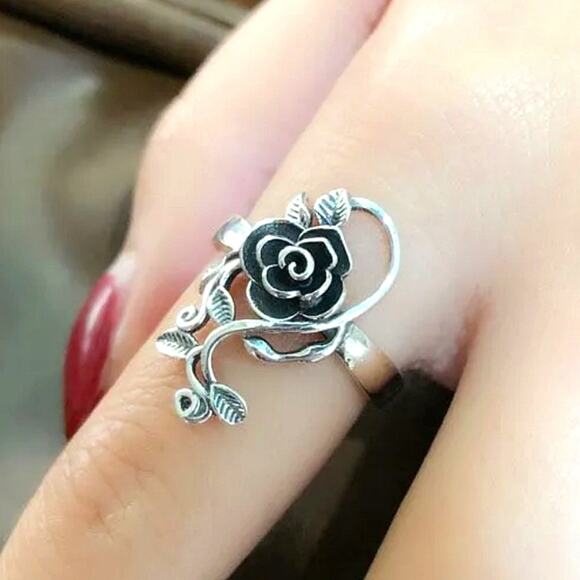 Vintage Sterling Silver Rose Ring, Adjustable, Flower, Boho - Picture 3 of 6